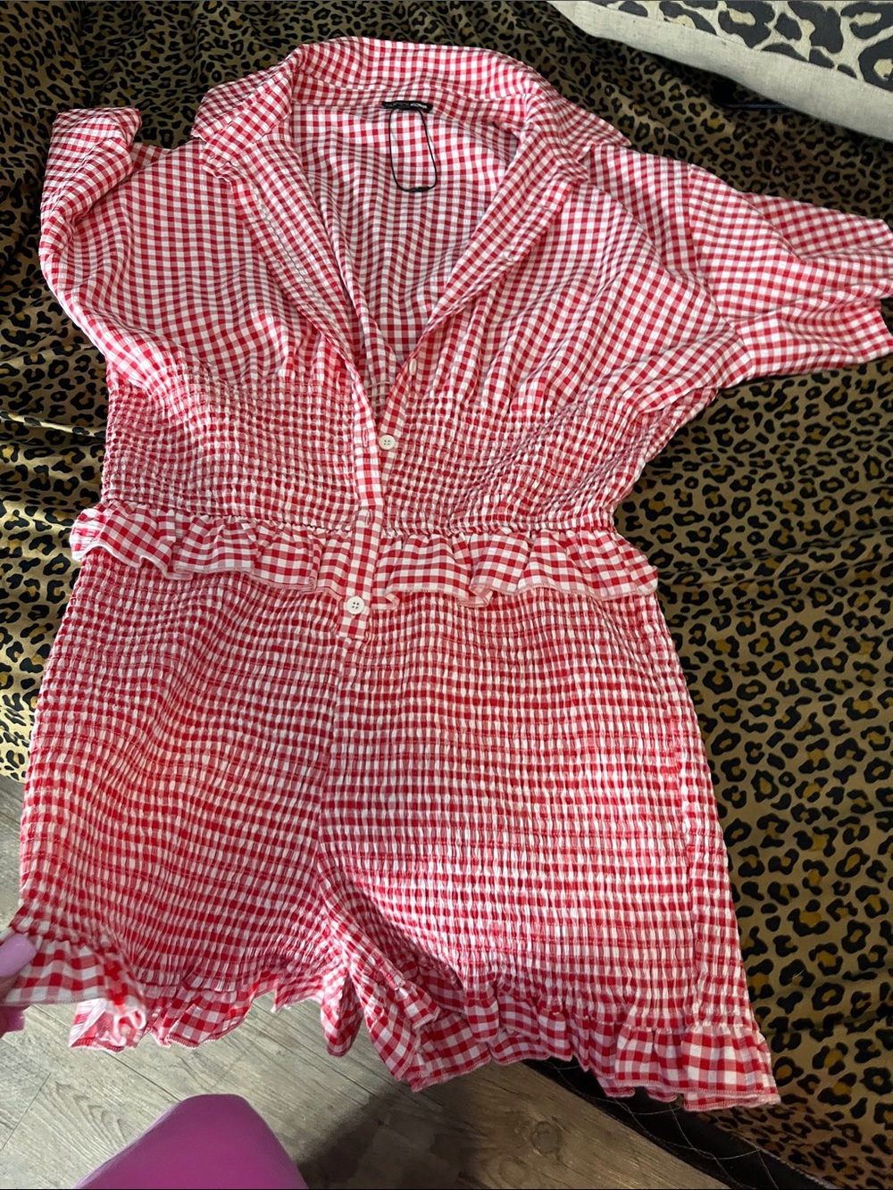 Fashion Nova Red Gingham Smocked Waist Romper